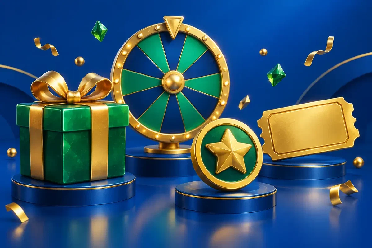 Gift, reward wheel, star token and offer ticket illustration