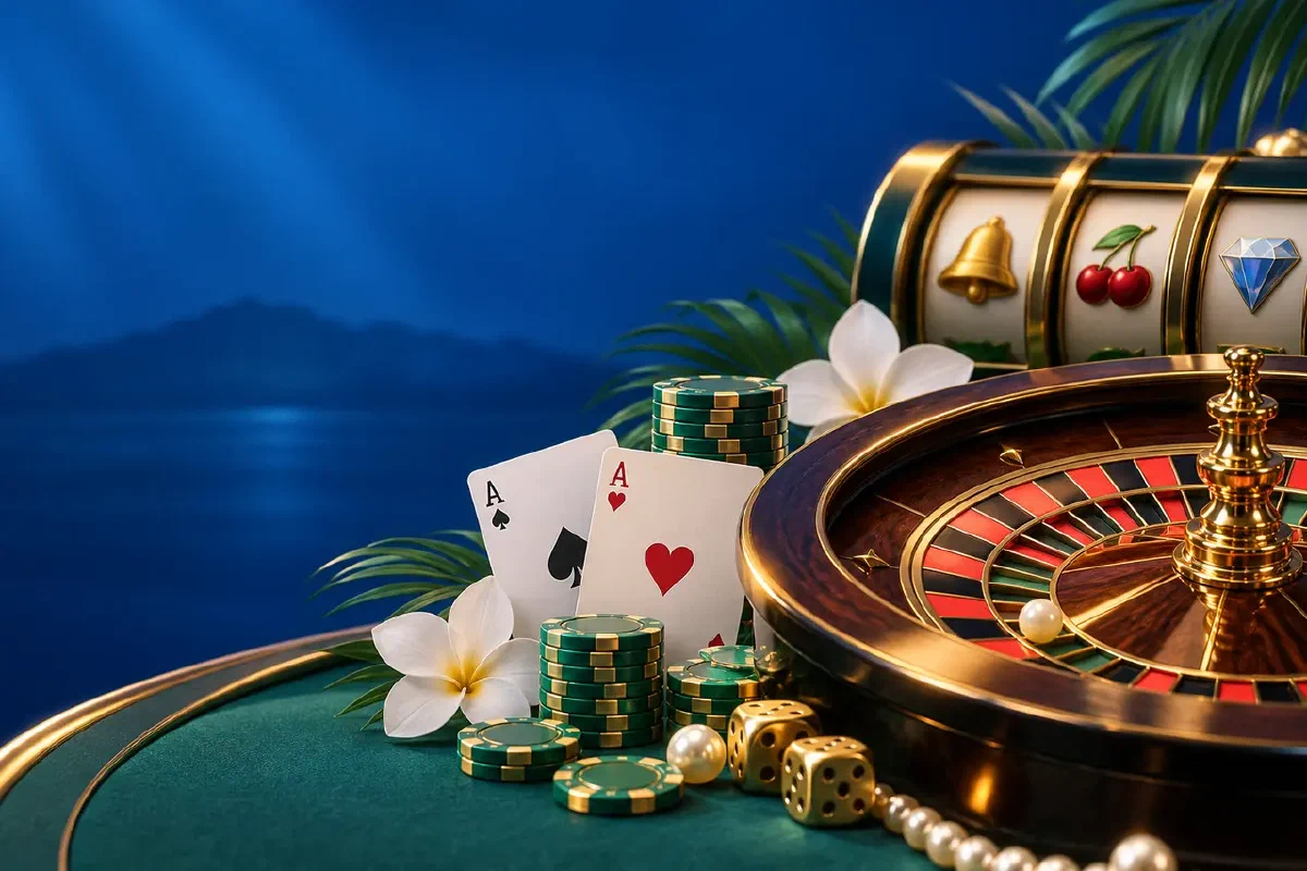 Casino table, roulette wheel and slot reels illustration