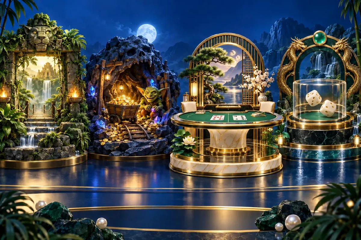 Four distinct casino game worlds arranged as a catalogue