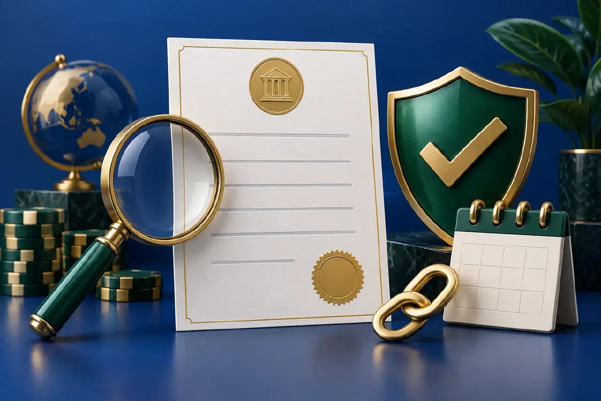 Document, magnifying glass and verification shield illustration